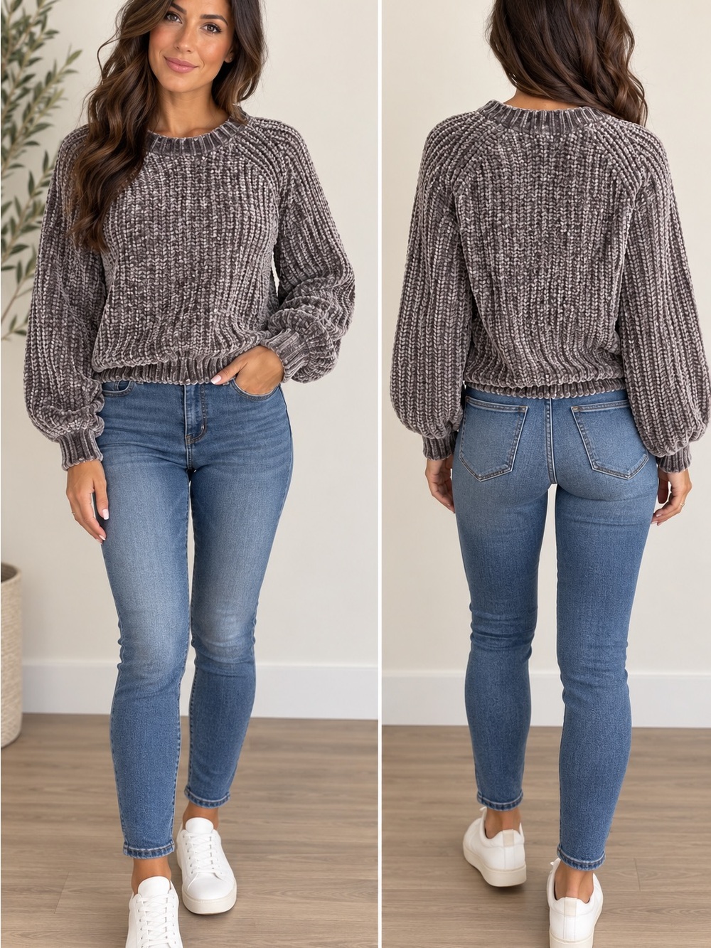 Bella Dahl Gray Chenille Balloon-Sleeve Crew Sweater